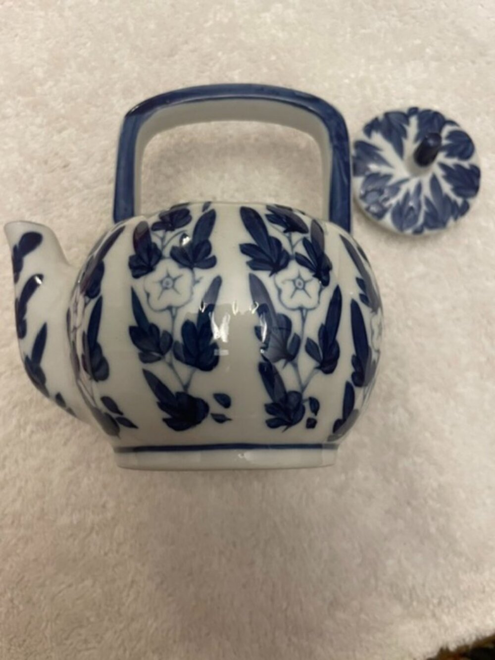 Vintage Chinese blue and white pumpkin-shaped porcelain teapot